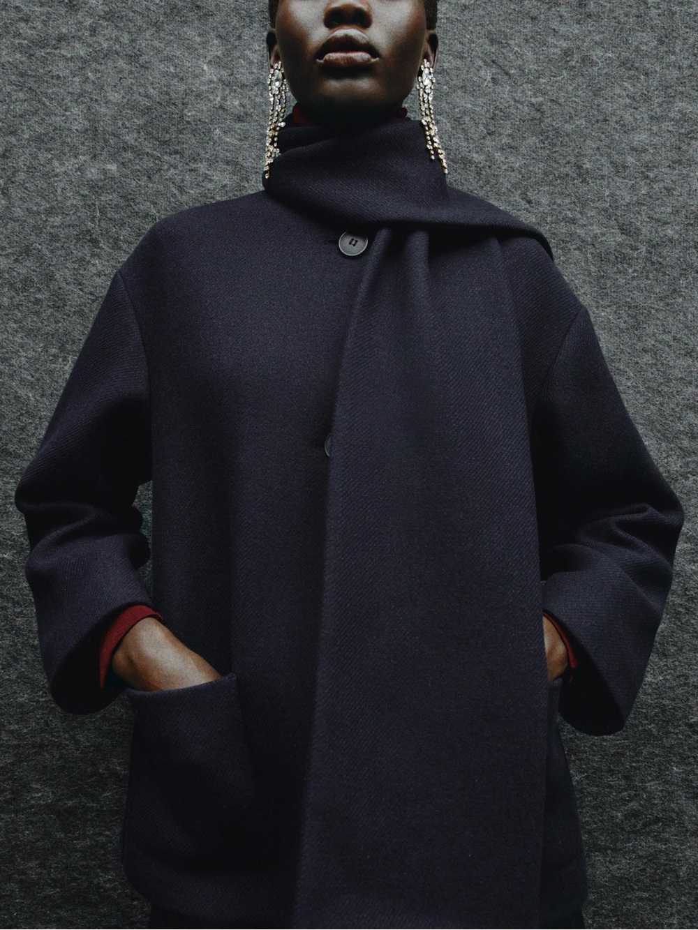 Zara Navy Wool Coat with Scarf-Collar